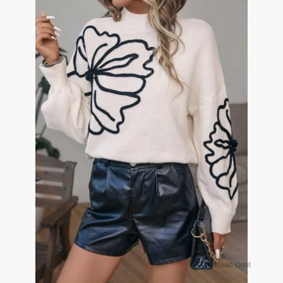 Floral Mock Neck Long Sleeve Pullover Sweater Knit Top Drop Shoulder - Picture 4 of 6